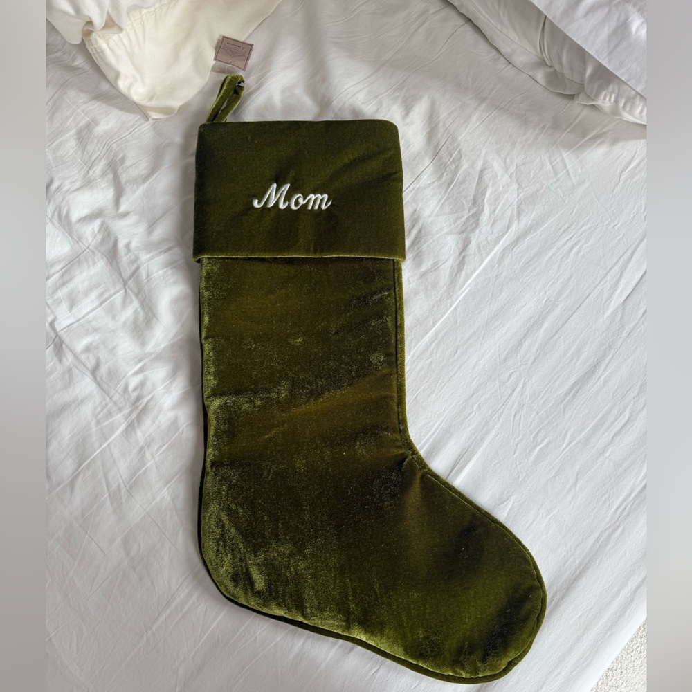 D. Stevens Olive Velvet Christmas Stocking with 'Mom' Embroidery